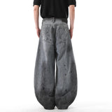 High Street Men's Jean's Splash-ink Dirty-dying Casual Contrast Color Bottom Male Loose Curved-knife Denim Pants