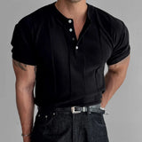 Spring Summer Casual Mens Knitted Tees Vintage Pleated Solid Color Knit T Shirt For Men Stylish Button O Neck Knitted Tops