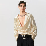 Men Shirt Solid Color V Neck Long Sleeve Satin Male Irregular Shirts Loose Streetwear Fashion Casual Camisas S-5XL INCERUN