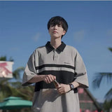 Men's Japanese Retro Polo Shirt Short Sleeved T-shirt Summer Thin Style College Style Casual Lapel Five Quarter Sleeved Top