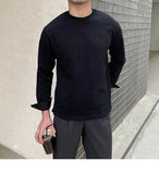 New Autumn Fashion Men T-shirt Light Luxury Solid Color Long Sleeve Tops Leisure Streetwear Casual O Neck Basic Shirts M-3XL