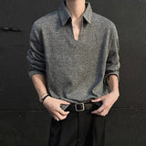 New American Retro Men Polo Shirt Luxury Knitted Solid Color V Neck Long Sleeve T-shirt Casual Premium Quality Textured Knitwear