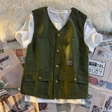 Summer Workwear Vest Men Hong Kong Style High Street Outfit Casual Hip-hop Waistcoat Versatile Loose Sleeveless Jacket
