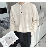 Korean Popular Men's Henry Collar Sweater Light Luxury Knit Long Sleeve Button Pullover Trending Jacquarded Solid Color Knitwear