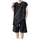 Summer Set Men Fashion Black Ripped Vest Shorts Two-piece Sets Men Streetwear Hip-hop Loose Hole Sets Man Hollow Out Set
