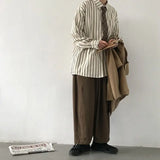 Men Vintage Set Spring Autumn Couple Casual Suits New Stripe Loose Long Sleeve Shirt+High Street Wide Leg Pants Two Piece Set