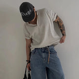 New Fashion Men Luxury Henry Collar T-Shirt Leisure Waffle Check Short Sleeve Tops American Style Lightweight Breathable Tees