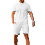 Summer Men's Sports Suit Lapel Button Striped Patchwork Short Sleeve Polo Shirt And Shorts Suit Casual Plus Size Men's Clothing