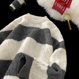 Korean Spring and Autumn Trendy Personalized Striped Round Neck Sweater for Couples Loose Retro Harajuku Casual Knitted Top y2k