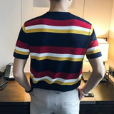 Vintage Knitted Striped T-shirts Mens Summer Casual Slim Fit O Neck Jumper Tops Men Short Sleeve Fashion Knit T Shirt Streetwear