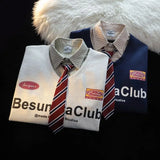 American College Style POLO Tie Fake Two-piece Sweatshirt Men's Spring Autumn Thin Loose Korean Lazy Style Long-sleeved Jacket