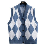 Man Clothes Vest Sleeveless Argyle Waistcoat Knitted Sweaters for Men Blue Plaid Y2k Vintage Long Sleeve 100% Sheap Sweat-shirt