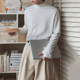 Korean Street Fashion Half Turtleneck Solid Color Long-Sleeved T-Shirt Mens Autumn Winter Pure Cotton Casual Bottoming Shirt Men
