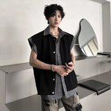 Niche Design Men's T-shirts Lapel Half Sleeve Fake Two-piece Single Breasted Plaid Patchwork Summer Loose Male Tops