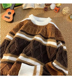 American autumn and winter street fashion personalized jacquard round neck pullover for couples loose retro color blocked knit