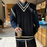 American Fashion Retro V-neck College Style Knitwear Vest Autumn Winter Fried Dough Twists Color Contrast Lovers Sleeveless Vest