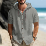New Casual Solid Color Men's Shirt Summer Street Simple Style Hooded Drawstring Cotton Hemp Cardigan Loose Short Sleeve T-shirt
