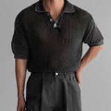 Streetwear Fashion Knit Mesh Polo Shirts For Men Summer Short Sleeve Button Hollow Out Mesh Tops Mens Stylish Short Sleeve Polos
