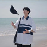 Men's Japanese Retro Polo Shirt Short Sleeved T-shirt Summer Thin Style College Style Casual Lapel Five Quarter Sleeved Top