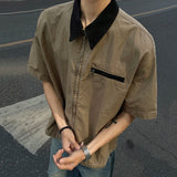 New Stylish Men's Shirt Short Sleeve Lapel Patchwork Collar Male Zipper Shirts Washed Summer Men Clothing Loose Fit