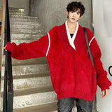 V-neck Men Pullover Sweater Korean Trendy Pleated Contrast Color Baggy Male Knitting Pullovers Spring New Chic