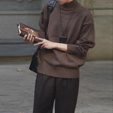 New Korean Fashion Men Sweater Light Luxury Trendy Turtleneck Knit Solid Color Pullover Leisure Retro Long Sleeve Basic Knitwear