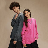 Spring New Trendy Batik Wash Long Sleeve T-shirt Men's Wear Round Collar Pullover Couple Top Vintage Tees Solid Color