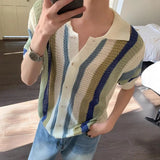 Leisure Breathable Hollow Out Shirt For Men Summer Beach Casual Short Sleeve Knitted Shirts Mens Fashion Striped Knitting Tops