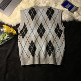 Men Sweater Vests Plaid Autumn Winter Retro Loose Couples Sleeveless Knitted Tops Chic V-neck Korean Style Soft Ins Casual Male