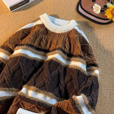 American autumn and winter street fashion personalized jacquard round neck pullover for couples loose retro color blocked knit