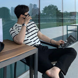 Men's Clothing Leisure Luxury Knitted T Shirt Fashion O Neck Striped Short Sleeve Tees for Men Korean Popular Knitwear Summer
