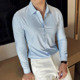 High Elasticity Men Stripe Shirt Spring British Style Anti-wrinkle High-EndSoft Solid Casual Slim Fit Long Sleeved Shirt