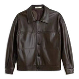 Autumn Mens Retro Lapel Short Long Sleeve Elegant British Pu Textured Leather Casual Jacket Loose Leather Jacket For Men