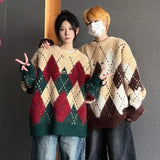 Autumn and winter men and women street personalized design spliced round neck sweater for couples loose retro knitted casual top