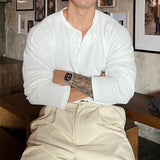 Korean Henry Collar T-shirt Fashion Men Luxury Solid Color Long Sleeve Tops Leisure Light Business Fall Casual Basic Shirt M-3XL