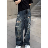 Mens Loose Fit Straight Leg Jeans Dark Blue Ripped Distressed Trendy Streetwear Fashion Casual Urban Denim Pants Hip Hop Style