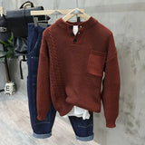 American Retro Henley Collar Pullover Sweater Korean Elegant Men's Trendy Oversized Pocket Versatile Casual Sweater Aesthetic
