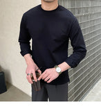 New Autumn Fashion Men T-shirt Light Luxury Solid Color Long Sleeve Tops Leisure Streetwear Casual O Neck Basic Shirts M-3XL