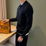 Autumn Casual Men Polo Sweater Light Luxury Zip-up Solid Color Long Sleeve Knitted Pullover Daily Commuting Basic Knitwear M-3XL