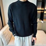 New Korean Retro Men Basic Sweaters Luxury Knit Solid Color Mock Neck Long Sleeve Pullover Casual Textured High Quality Knitwear