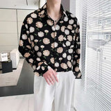 Summer Long Sleeved Shirt Men Fashion Society Mens Dress Shirt Korean Ice Silk Casual Shirt Mens Floral Shirts M-2XL