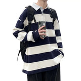 Spring Autumn Men's Long Sleeve Polo Shirt Loose Fit Stylish Brand Lapel Polo Top Versatile Stripe Patterned Men's Wear
