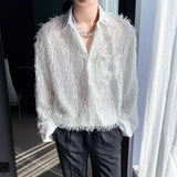 Off White Long Sleeved Shirt Men Fashion Society Mens Dress Shirt Korean Loose Casual Shirt Mens Pink Tassels Shirts M-2XL