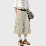 Summer Cotton Casual Pants Men Pocket Cargo Pants Men Japanese Streetwear Hip-hop Loose Wide Leg Pants Mens Calf-Length Pants