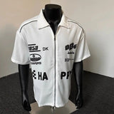 American Motorcycle Shirt Retro Short-sleeved Lapel Tee Men's Summer Lapel Trendy Handsome Loose Zipper Decorative Half-sleeved