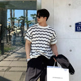 Summer Men's Clothing Luxury Striped O Neck Knitted T Shirt Retro Half-sleeved Korean Popular Knitwear Leisure Hollow Out Tees