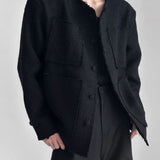 Mens Solid Color High-End Jacket Autumn And Winter New Style Raw Edge Design Collarless Loose Top Korean Style Trendy Jacket