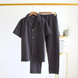 Men's Trousers Pajamas Set for Spring and Summer Thin Plaid Design Cotton Fabric Short Sleeved Long Pants Home Men Pyjama Set