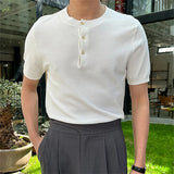 New Men Luxury Henry Collar T-Shirt Leisure Slim Button-down Solid Color Short Sleeve Tops Italian Style Summer Breathable Tees