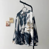 Men Trendy Vintage Ink Wash Tie Dye Print Lapel Button Up Shirt Y2K Harajuku Streetwear Long Sleeve Loose Tops Camisas De Hombre